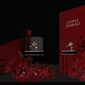 China Jinmao Red Themed Photo Check In Spot With Display Cabinets Floral Decorations And Sofa