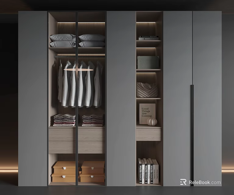 Modern Wardrobe Interior Design with Sliding Doors Hanging Clothes Folded Sections and Drawers 3d model 