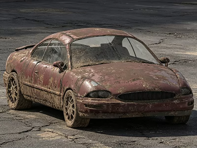 Rusty Old Car Covered In Dirt Parked On Cracked Asphalt Pavement 3d model