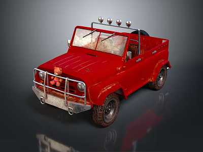 Red Vintage Off Road Convertible Car With Roof Lights And Teddy Bear 3d model