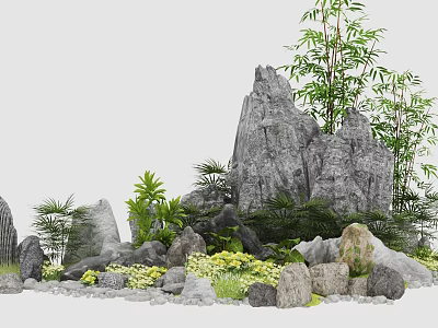 Natural Rockery Stones Garden Landscape With Bamboo Green Plants Small Stones And Yellow Flowers 3d model