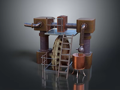 Industrial Equipment With Large Wheels Metal Pipes Ladder And Mechanical Support Structures 3d model