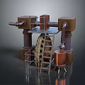 Industrial Equipment With Large Wheels Metal Pipes Ladder And Mechanical Support Structures