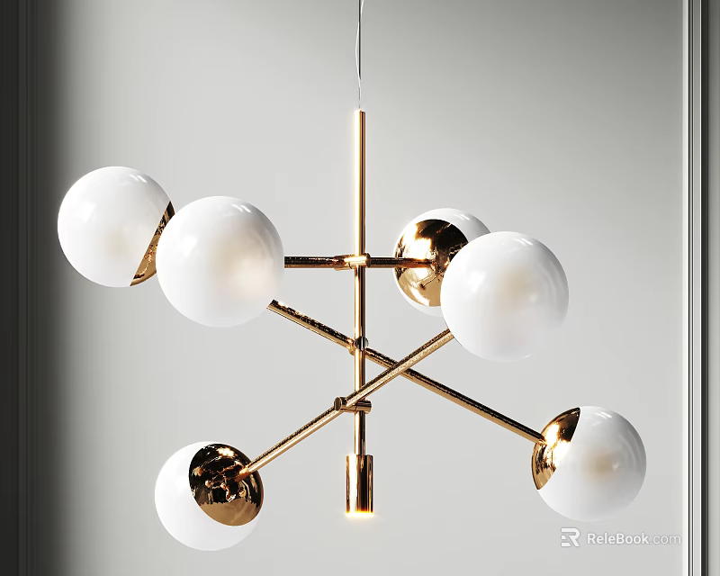 Stylish Modern Chandelier With Golden Metal Crossed Arms And White Globe Shades 3d model 