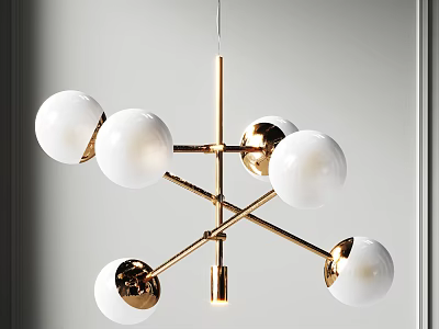 Stylish Modern Chandelier With Golden Metal Crossed Arms And White Globe Shades 3d model
