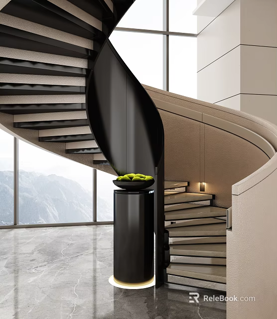 Modern Black Spiral Staircase With Large Windows Mountain View And Marble Floor 3d model 