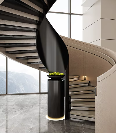 Modern Black Spiral Staircase With Large Windows Mountain View And Marble Floor 3d model