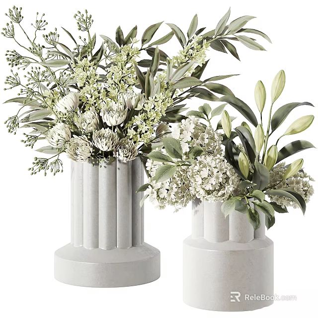 Decorative Ornament Set With White Cylindrical Vases Green Leaves And White Flowers 3d model 