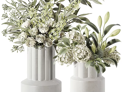 Decorative Ornament Set With White Cylindrical Vases Green Leaves And White Flowers 3d model
