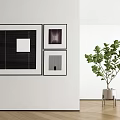 Black And White Geometric Wall Artworks With Green Plant In Modern Room 3d model