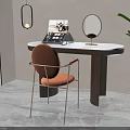Modern Dressing Table Interior With Orange Chair Round Mirror And Metal Legs