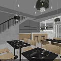 Modern Restaurant Interior With Wooden Tables Chairs Hanging Pendant Lights Black Staircase And Large Windows