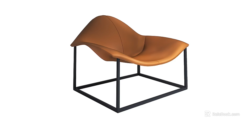 Modern Brown Leather Single Seater Sofa With Curved Design And Black Metal Frame 3d model 
