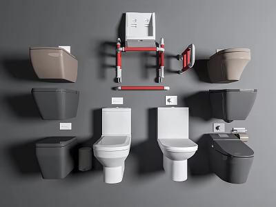 Various Toilet Designs In Multiple Colors And Safety Rails For Modern Bathroom 3d model
