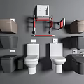 Various Toilet Designs In Multiple Colors And Safety Rails For Modern Bathroom