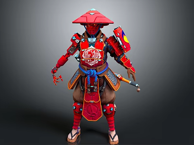 Red Samurai Armor With Detailed Ornamental Design Traditional Hat And Weapon 3d model