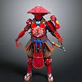 Red Samurai Armor With Detailed Ornamental Design Traditional Hat And Weapon