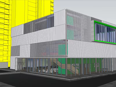 Modern Sales Office Building With White Green Facade Glass Curtain Wall And Metal Stripes 3d model