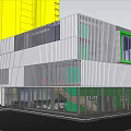 Modern Sales Office Building With White Green Facade Glass Curtain Wall And Metal Stripes