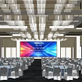 Banquet Hall with Large LED Screen Chandeliers and Arranged Tables and Chairs for Events