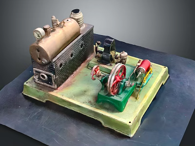 Vintage Industrial Steam Machinery Model with Brass Boiler Green Base and Red Gear Components 3d model