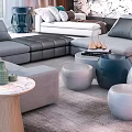 Modern Sectional Gray Sofa Coffee Table Combination With Marble Wall And Accent Pillows 3d model