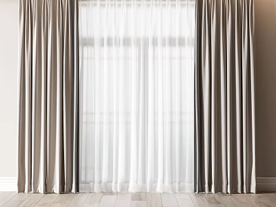 Gray Curtains With White Sheer Panels For Window In Light Colored Walls And Wooden Floor 3d model