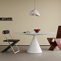 Modern White Round Table And Chair Set With Black Red Chairs Hanging Lamp And Book