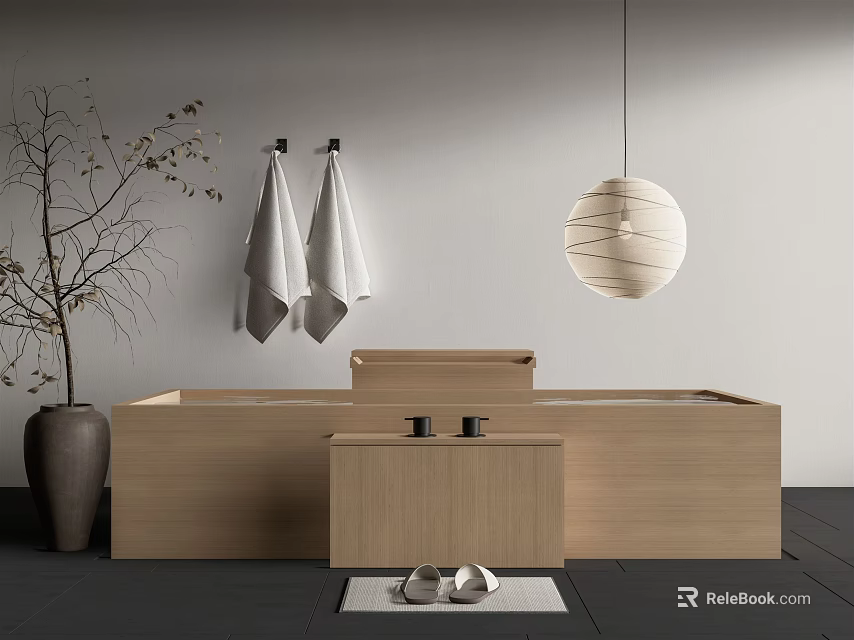 Wooden Bathtub in Modern Bathroom With Hanging White Towels Pendant Light Slippers and Decorative Mat 3d model 