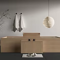 Wooden Bathtub in Modern Bathroom With Hanging White Towels Pendant Light Slippers and Decorative Mat