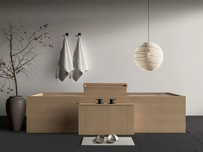 Wooden Bathtub in Modern Bathroom With Hanging White Towels Pendant Light Slippers and Decorative Mat 3d model