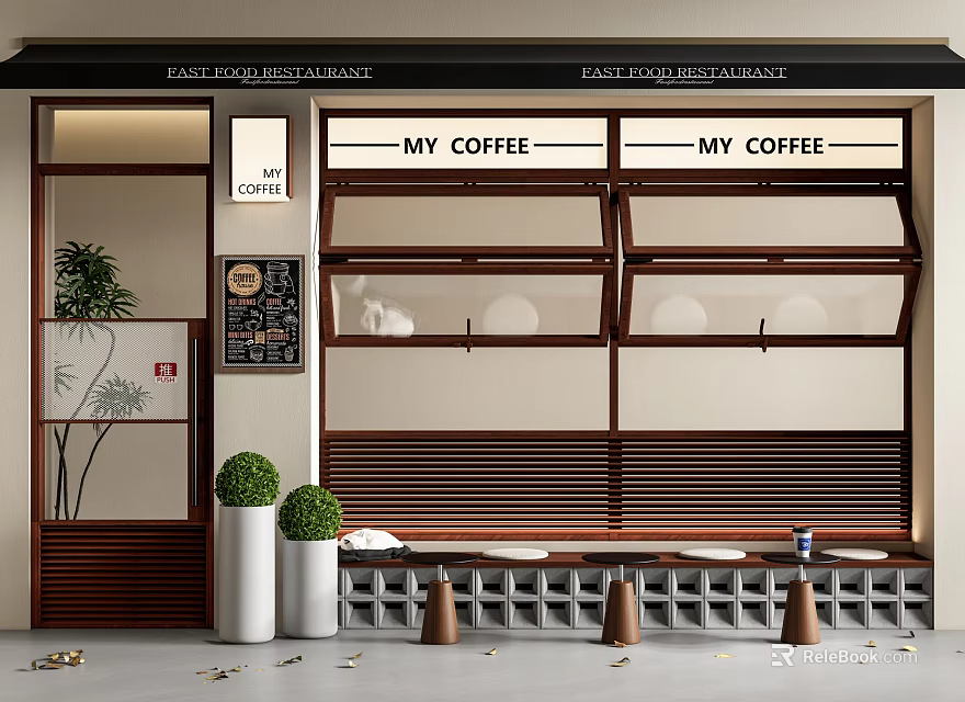 MY COFFEE Cafe Exterior With Stylish Casement Windows Wooden Accents And Green Plants 3d model 