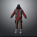 A Man wearing red hoodie gray vest brown pants white shoes blue hat red mask