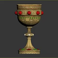 Ornate Golden Wine Goblet With Red Green Gemstones And Intricate Carved Design