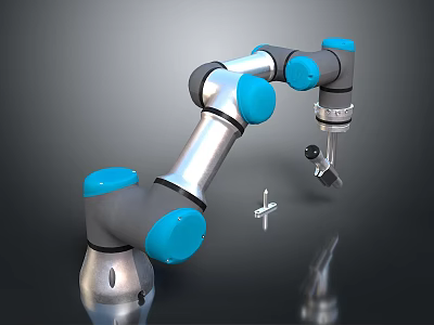 Industrial Robotic Arm With Blue Joints Grabbing Screw And Mechanical Parts 3d model