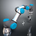 Industrial Robotic Arm With Blue Joints Grabbing Screw And Mechanical Parts