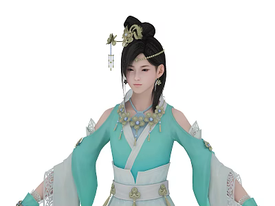 Elegant Ancient Female Character In Turquoise Robe With Ornate Headdress And Hairpin 3d model