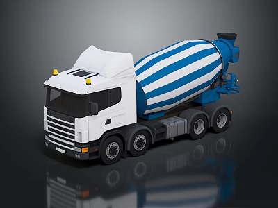 White Concrete Mixer Truck With Blue Striped Drum And Multiple Wheels 3d model
