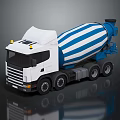 White Concrete Mixer Truck With Blue Striped Drum And Multiple Wheels