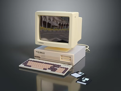 Vintage TANDY Computer System With Monitor Desktop Unit Keyboard And Floppy Disks 3d model