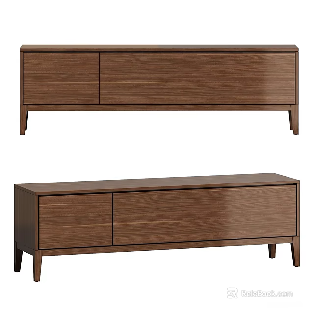 Modern Walnut Wooden TV Stand With Storage Cabinets And Slim Legs 3d model 