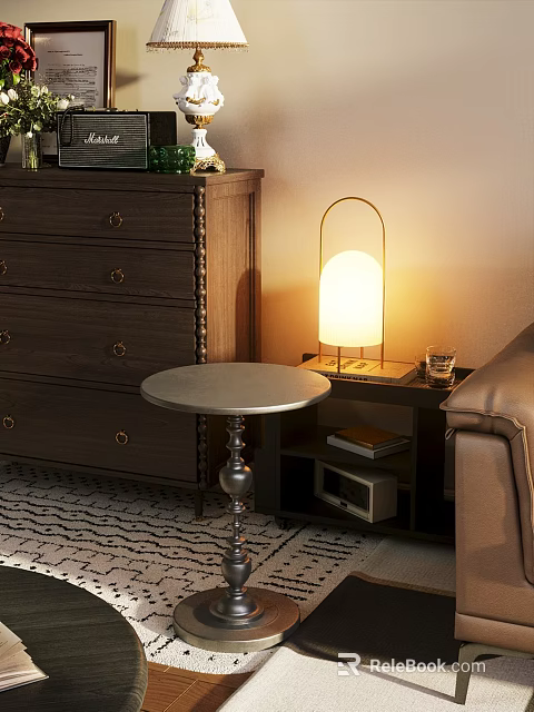 Round Metal Base Side Table With Lamp Books And Glass On Living Room Floor 3d model 