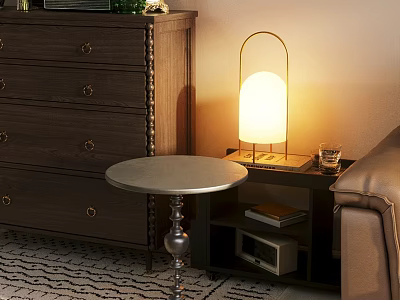 Round Metal Base Side Table With Lamp Books And Glass On Living Room Floor 3d model