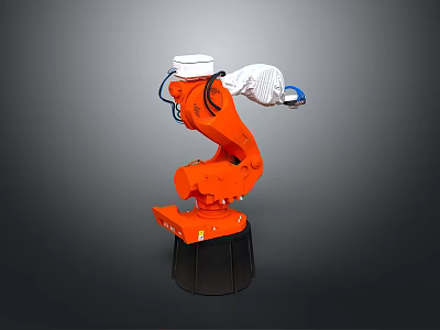 Orange Robotic Arm With White Components And Black Base Structure Design 3d model