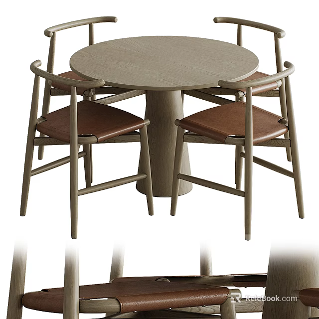 Modern Dining Table Set with Round Table and Brown Upholstered Chairs 3d model