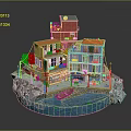 Colorful Multi Story Buildings By Water With Balconies Awnings And Small Boat