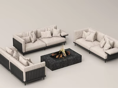 Outdoor Sofa Set With Wicker Frame Beige Cushions And Fire Pit Table 3d model