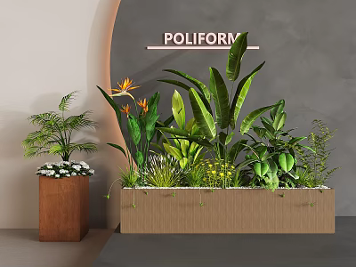 Green Plants And Yellow Flowers In Brown Wooden Planter For Indoor Garden 3d model