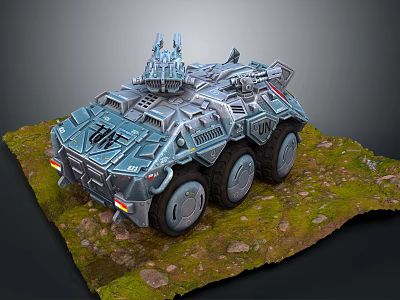 Armored Military Vehicle With Six Wheeled Design And Turret On Grassland Terrain 3d model