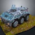 Armored Military Vehicle With Six Wheeled Design And Turret On Grassland Terrain